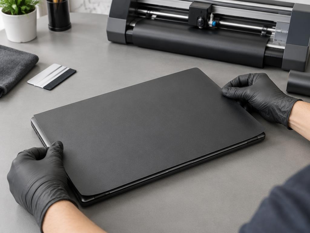 Illustration of a precision-cut vinyl finish being aligned on a laptop lid