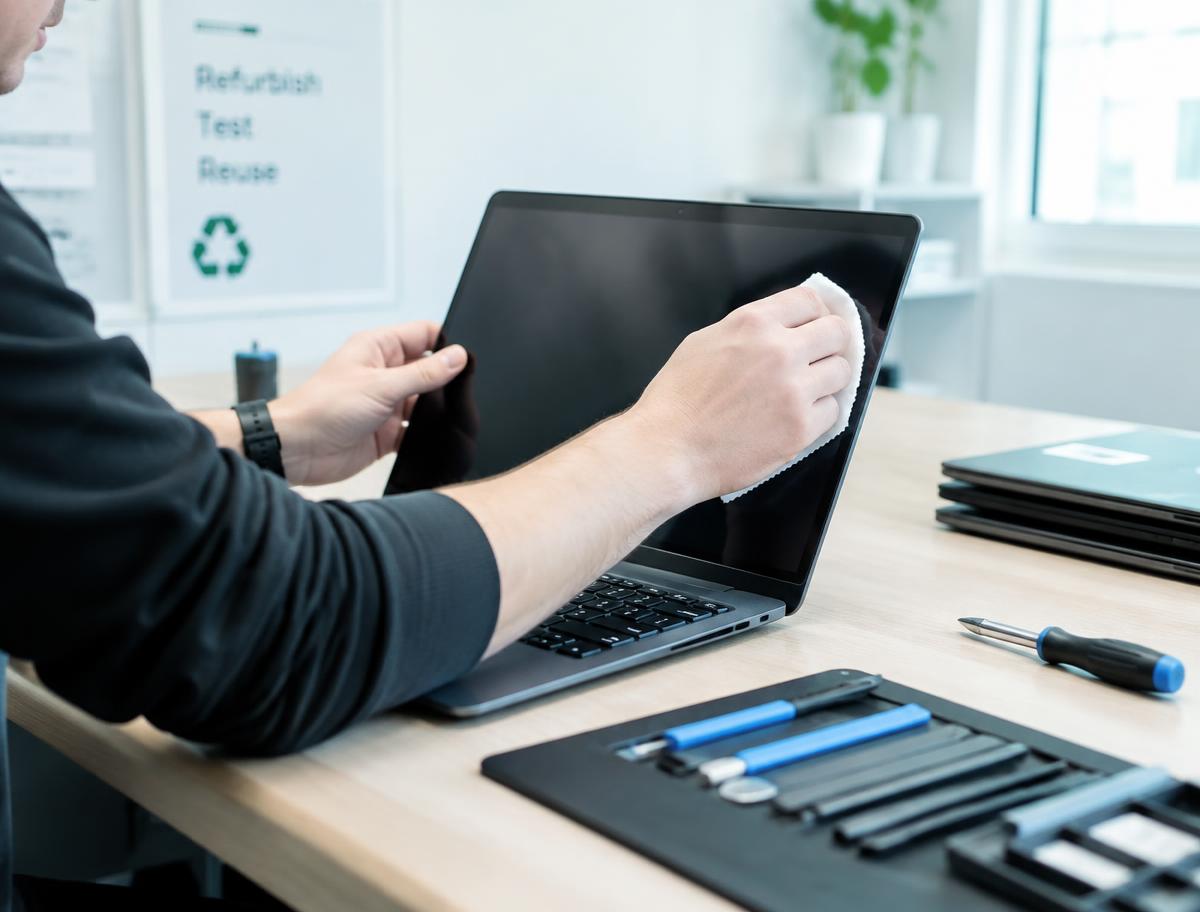 Technician cleaning a refurbished laptop to prepare it for reuse