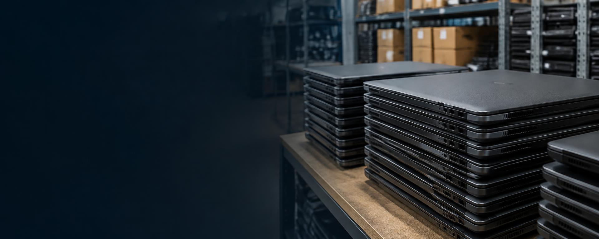 Stacks of black business laptops in an IT wholesale warehouse